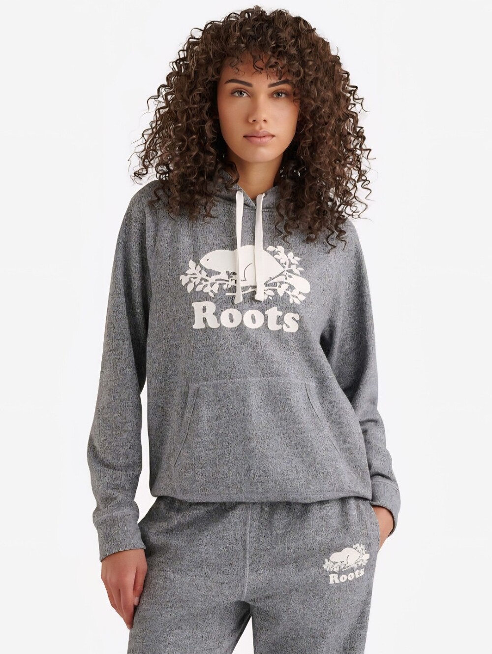 Roots Women's Gray Logo Hoodie Sweater Cotton Blend